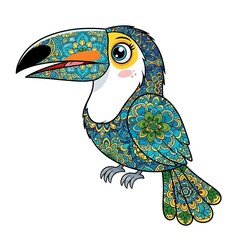Colorful cartoon toucan bird with a large beak and patterned feathers isolated on white background