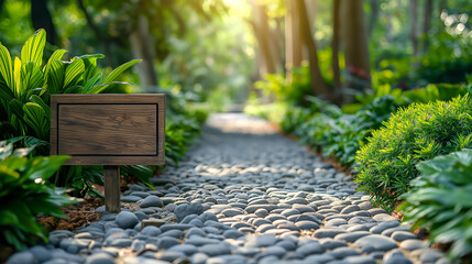 Wooden sign on stone garden path with tropical plants in sunlight. Copy space
