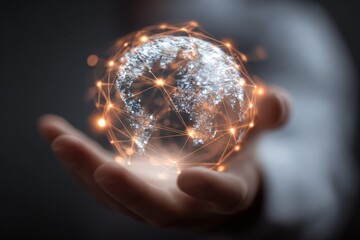Global business network connection showcasing a digital market with a hand holding a glowing globe of interconnected data at night