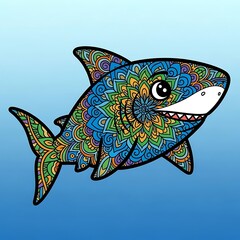 Whimsical and colorful patterned shark illustration isolated on white background