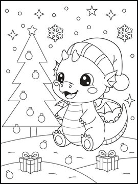 Happy Baby Dragon Coloring Page Wearing Santa Hat. Black and White  Printable Activity Sheet for Children.