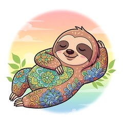 Cute colorful sloth with floral patterns sleeping peacefully on a white background isolated on white background