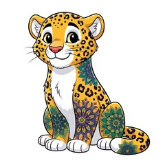 Cute cartoon leopard cub with spotted fur sitting happily isolated on white background