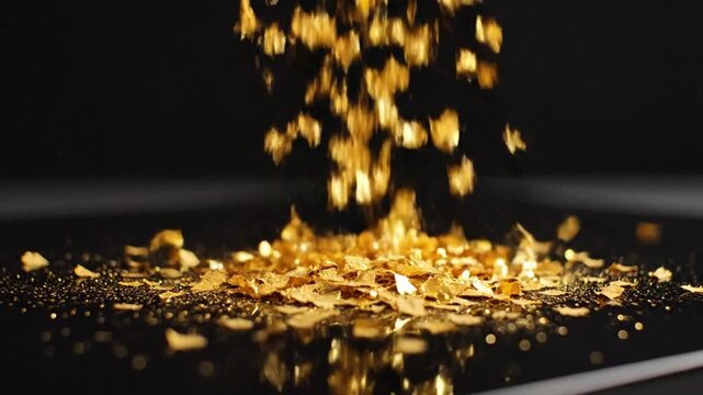 Golden flakes cascade gracefully, creating a mesmerizing display of wealth and luxury, perfect for illustrating concepts like finance and value
