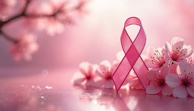 Pink ribbon with delicate cherry blossoms represents breast cancer awareness and hope. Gentle light and soft focus create peaceful mood. Support women health.