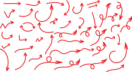 Collection of hand drawn red arrows showing direction movement and flow in various styles