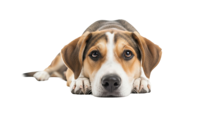 Lovable generic mixed-breed puppy lying, head on paws, soft eyes gazing up, against a clean transparent studio background with soft lighting and sharp focus. Concept of unconditional companionship