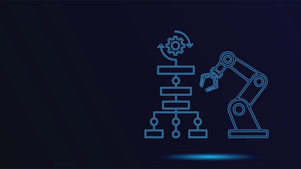 Modern Automation System Blueprint with Robotic Arm and Workflow Diagram in Blue Neon Style - Industrial Process Design and Engineering Technology Concept