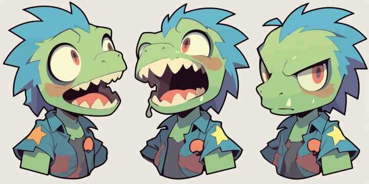 Ilustra&ccedil;&atilde;o vetorial de um personagem de dinossauro com express&otilde;es faciais variadas e design moderno.