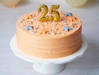 Delicious Birthday Cake with Number Twenty Five Candles on Top