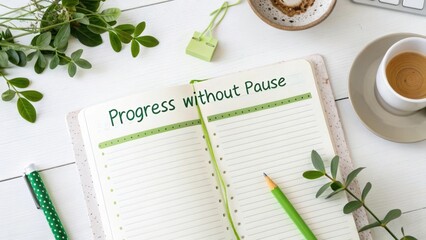 Inspirational Workspace Displaying Notebook with "Progress without Pause" Message Surrounded by Greenery and Coffee