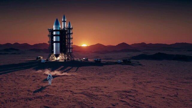 Astronaut walks toward rocket at sunset. Mars base hosts rover and launch operations. Spacesuit reflects orange light. Exploration mission emphasizes isolation and scale. Space travel technology.