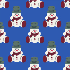 Christmas festive seamless pattern. Hand drawn christmas ornaments, gift boxes and snowmen.