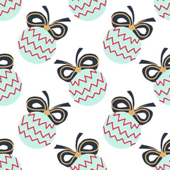 Christmas festive seamless pattern. Hand drawn christmas ornaments, gift boxes and fur branches..