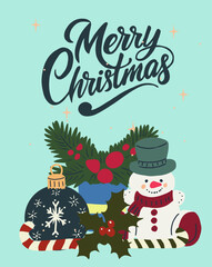 Festive  vector card with holiday elements including gifts, candles, ornaments, balls and Merry Christmas text. Perfect for greeting cards, seasonal designs, and winter celebrations.