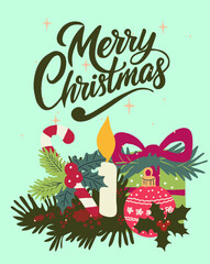 Festive  vector card with holiday elements including gifts, candles, ornaments, balls and Merry Christmas text. Perfect for greeting cards, seasonal designs, and winter celebrations.