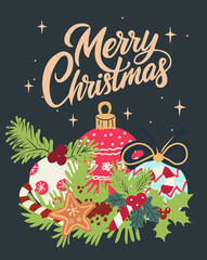 Festive  vector card with holiday elements including gifts, candles, ornaments, balls and Merry Christmas text. Perfect for greeting cards, seasonal designs, and winter celebrations.