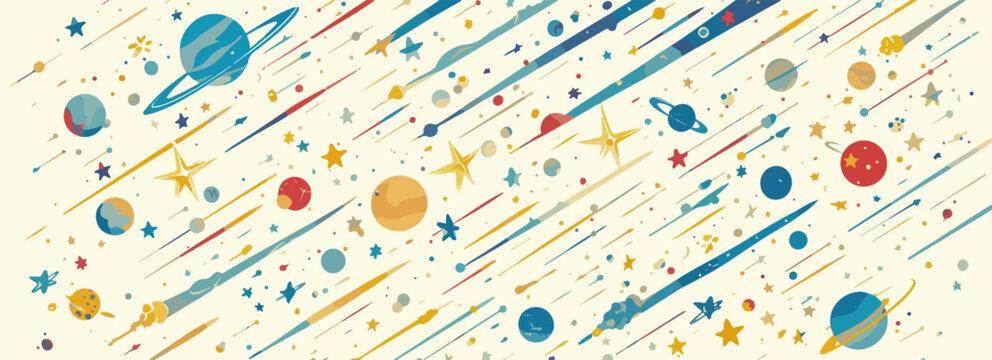 Ilustra&ccedil;&atilde;o vetorial abstrata de um c&eacute;u noturno cheio de estrelas cadentes e planetas coloridos