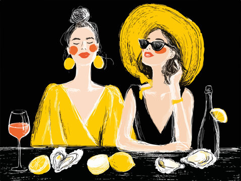 Duas mulheres elegantes desfrutam de ostras e vinho em um ambiente sofisticado e moderno