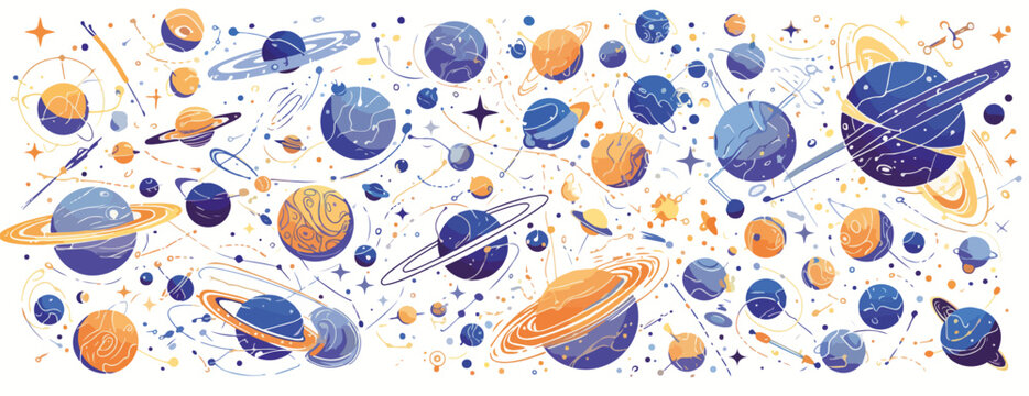 Ilustra&ccedil;&atilde;o vibrante de planetas e estrelas em um cosmos imagin&aacute;rio, com tons de azul e laranja.