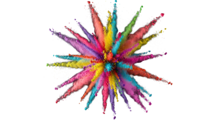 Ethereal burst of vividly colored, sharply defined fine powder particles exploding symmetrically, frozen mid-air on a pure black background, photorealistic studio capture of dynamic innovation