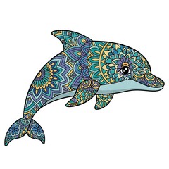 Artistic dolphin with intricate patterns swimming joyfully isolated on white background