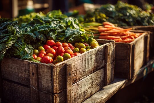 Assorted fresh organic vegetables in rustic wooden crates at a vibrant farmer's market stall.