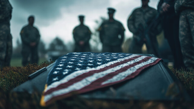 A folded American flag in a triangle shape rests on a military casket. Silhouetted soldiers stand in the background during a solemn ceremony at sunset.