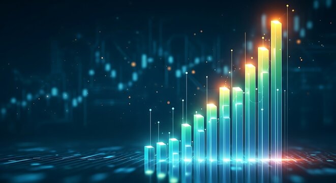 Glowing bar chart showing upward trend and stock market data - Powered by Adobe