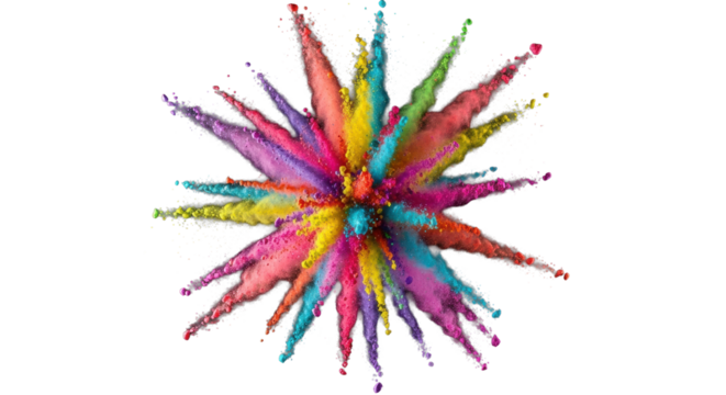 Ethereal burst of vividly colored, sharply defined fine powder particles exploding symmetrically, frozen mid-air on a pure black background, photorealistic studio capture of dynamic innovation