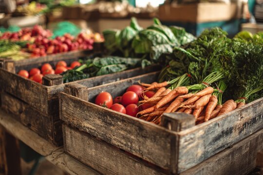 Fresh organic carrots and ripe red tomatoes in rustic wooden crates.