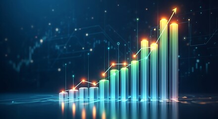 Futuristic glowing bar graph showing upward financial growth and success