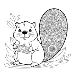 Cute cartoon beaver holding a piece of wood with a decorative patterned tail isolated on white background