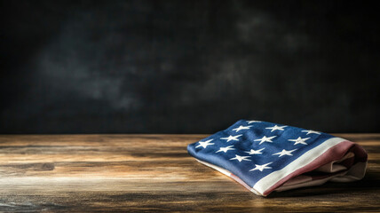 A folded American flag rests on a wooden table. The flag features red and white stripes with white stars on a blue field, symbolizing patriotism and remembrance.