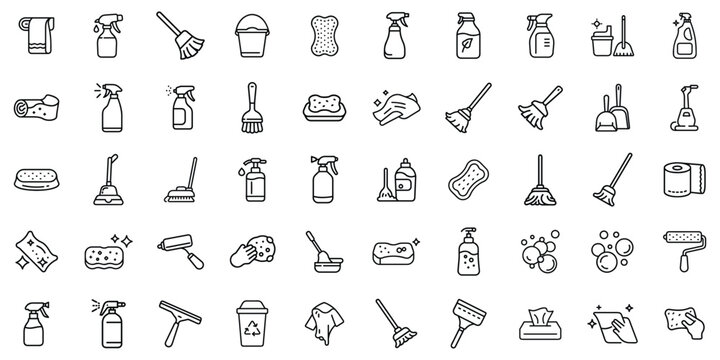 A collection of minimalistic cleaning icons showcasing various cleaning tools and supplies.