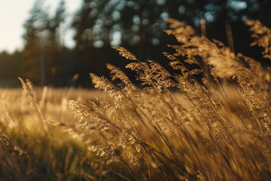 Golden field of dry grass illuminated by warm sunset light with blurred trees