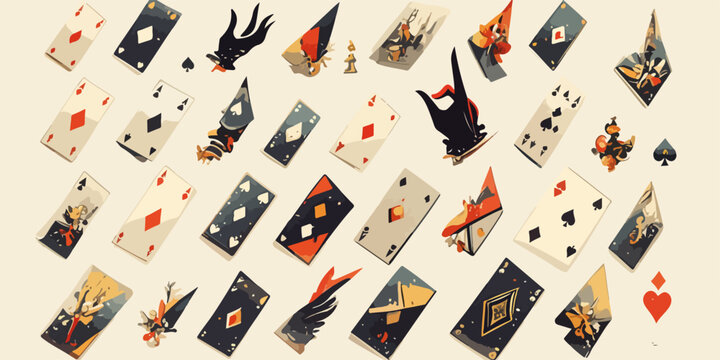 Ilustra&ccedil;&atilde;o vetorial de cartas de baralho com elementos de fantasia e um toque surreal.