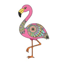 Decorative pink flamingo with colorful floral pattern standing on one leg isolated on white background
