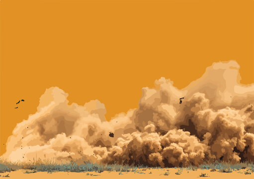 Nuvem de poeira levantada por um evento s&uacute;bito em um campo seco com p&aacute;ssaros voando.