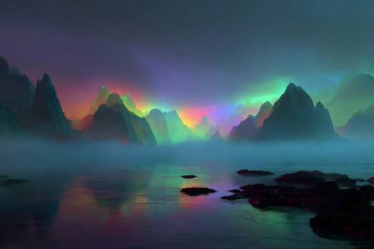 floating landscape of glowing rainbow mist with translucent mountains creating a surreal magical atmosphere