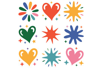 Colorful Heart Burst Star Icon Set – Modern Playful Retro Abstract Symbol Vector, Celebration and Love Collection