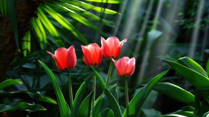 Bright Pink Tulips Growing in Lush Green Tropical Garden with Sunlight Filtering Through Leaves