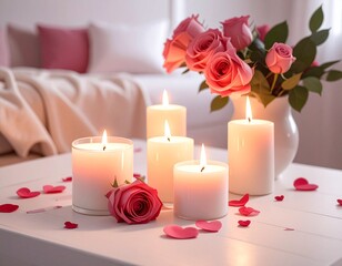 A serene scene of roses and candles creating a calming atmosphere in a cozy bedroom.