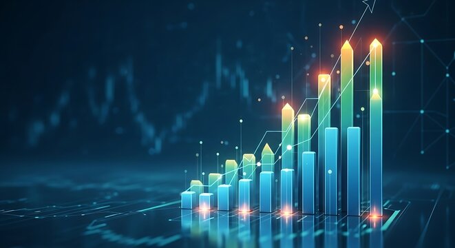 Glowing 3d bar graph showing upward trend on dark background
