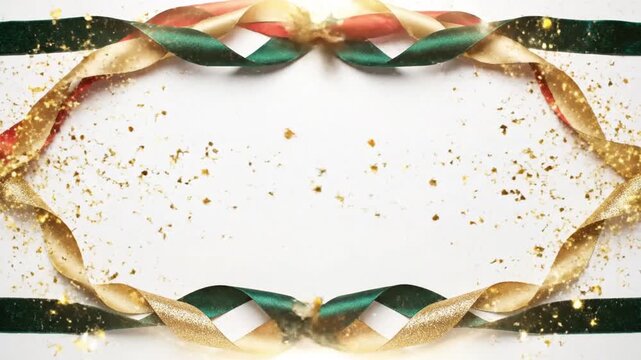 Elegant ribbon frame with gold glitter, green and gold ribbons, perfect for festive celebrations, weddings, or any special occasion, creating a beautiful border
