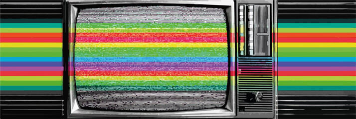 Televisão antiga exibindo barras de cores e ruído estático, com um toque retrô vibrante.