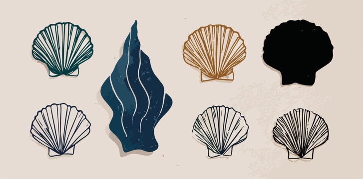 Ilustra&ccedil;&atilde;o vetorial de conchas marinhas e algas em tons pastel e cores vibrantes para design