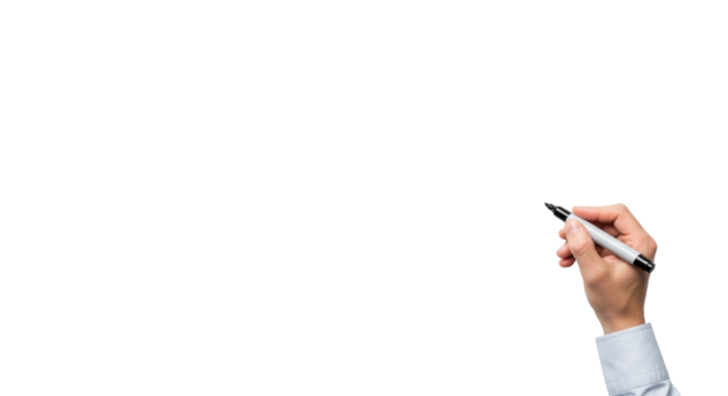 Adult hand in neutral shirt holding black marker poised above transparent surface with vast negative space, concept of innovation and strategic planning