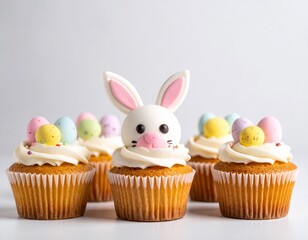 Delicious Easter-themed cupcakes adorned with cute bunny toppers and pastel eggs.