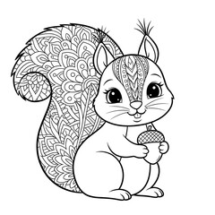 Cute cartoon squirrel holding an acorn with intricate patterns isolated on white background
